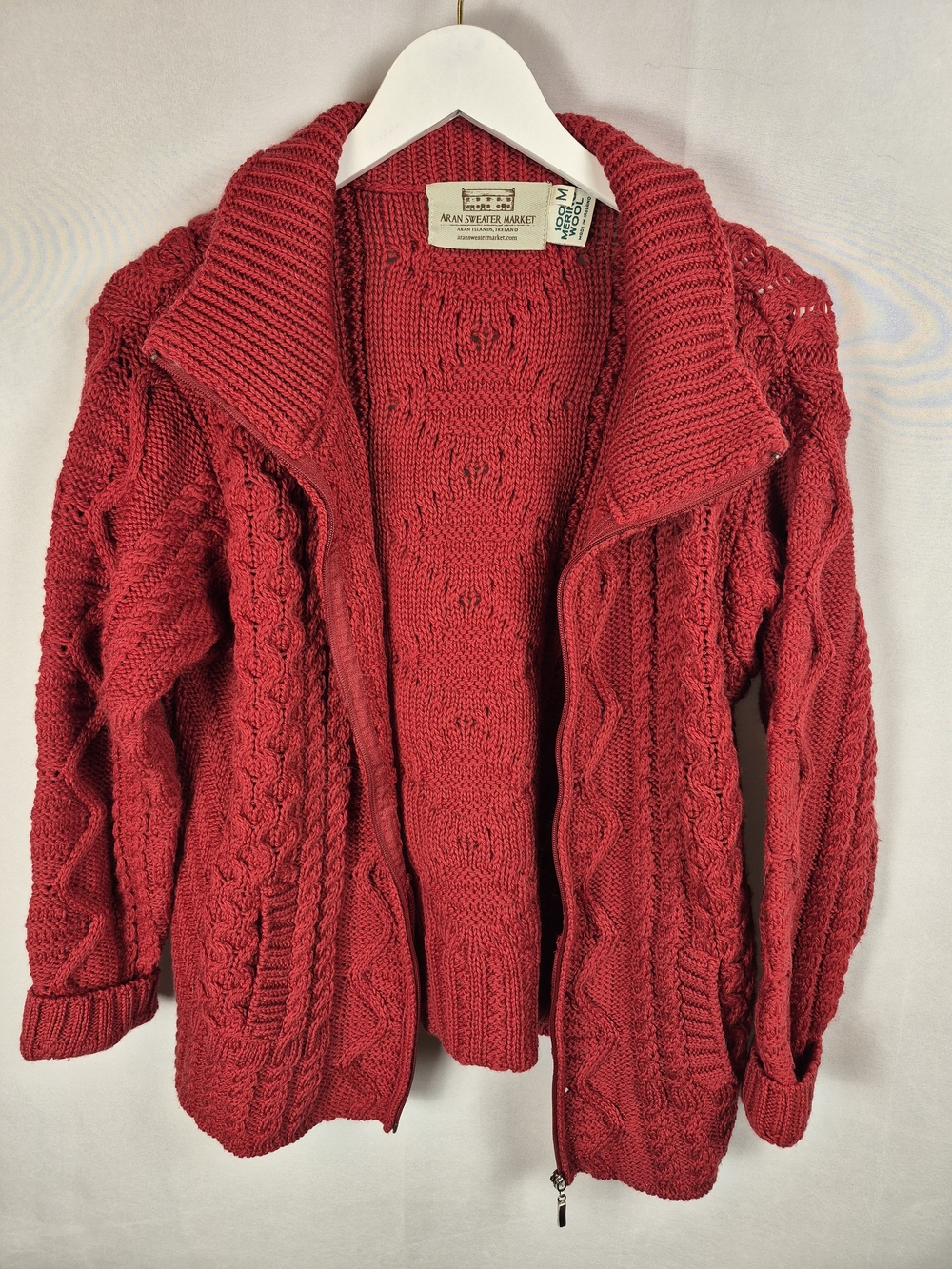 Aran Sweater Market Women's Red Cable-Knit Zip Cardigan 100% Wool Size M
